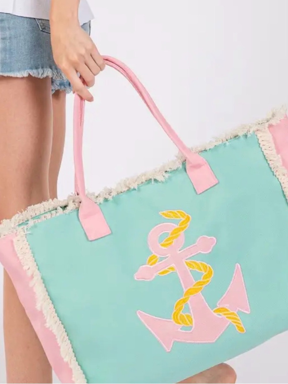 Aqua & Pink Huge Canvas Anchor Tote Bag - Women's Beach Tote